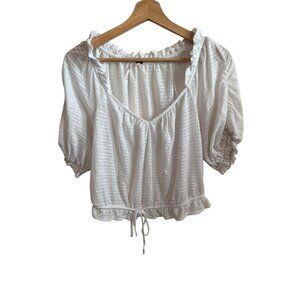 Free People White Ruffle Hem Peasant Top With Puff Sleeves Women's Size M